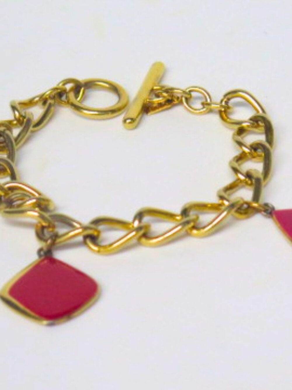 Monet Gold Tone Red Enamel Charm Bracelet Chunky Link Toggle Clasp Vintage